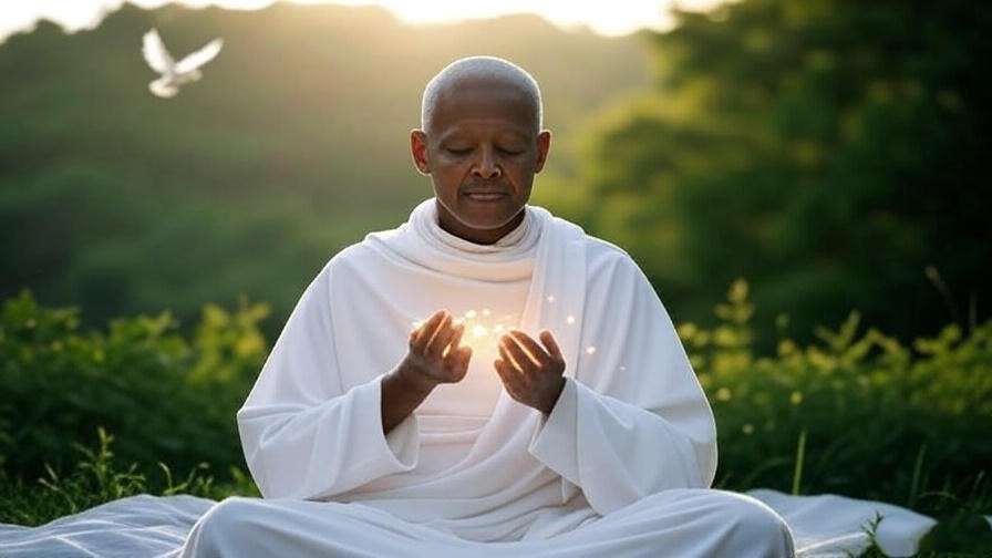 Person meditating with Rosary at dawn, white dove symbolizing hope, serene outdoor setting