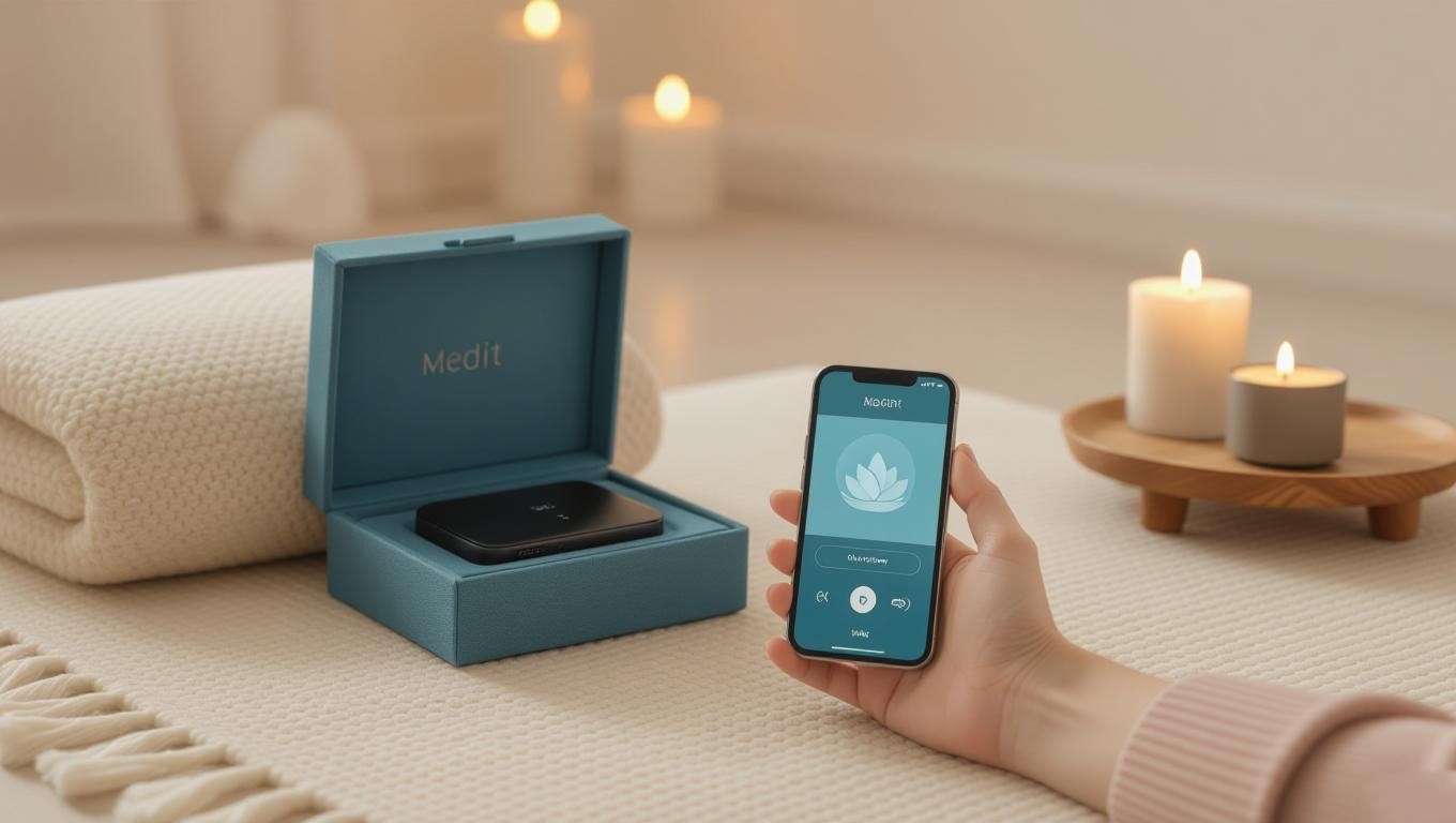 Medit i900 unboxing setup with smartphone and meditation mat