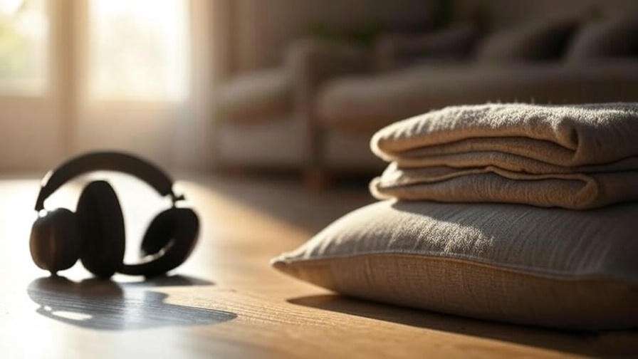 Collection of meditation tools including cushion, blanket, and headphones in soft morning light.