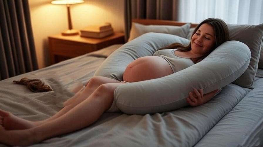 Pregnant woman sleeping on her side with a U-shaped pregnancy pillow for support