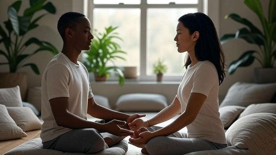 Two people practicing orgasmic meditation in a calm indoor setting with natural light and plants.