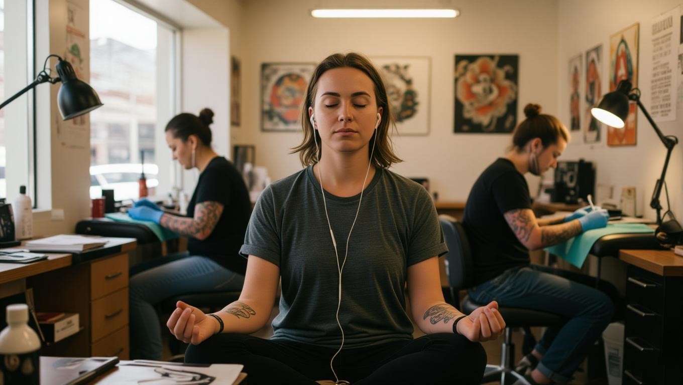 Person meditating with earbuds in a busy tattoo studio