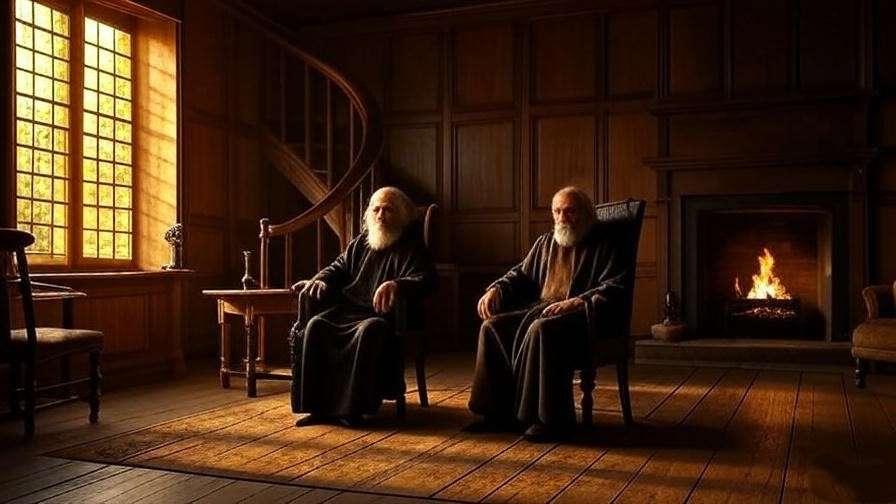 Serene philosopher meditating by window with golden light and spiral staircase in Rembrandt style.