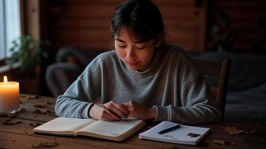 Person journaling with notebook and natural elements, mindful writing setup.
