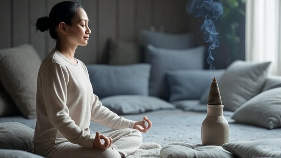 Indoor meditation setup with burning cone incense and cushions.