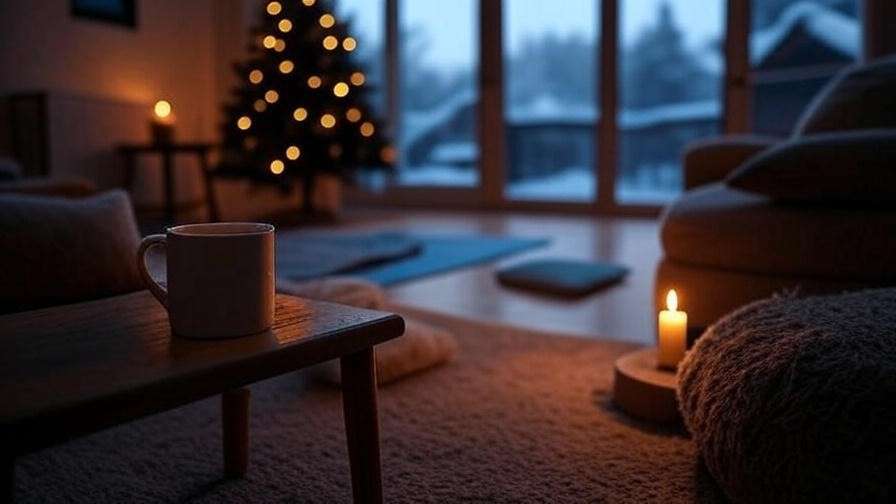 Cozy indoor yoga setup with candlelight, herbal tea, and a Christmas tree for a calming pre-bedtime routine.