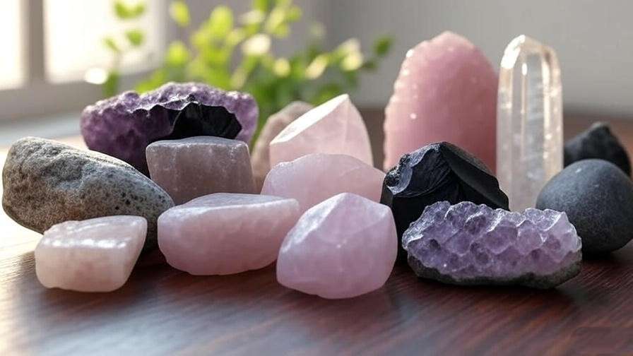 Variety of meditation rocks including amethyst, rose quartz, obsidian, and clear quartz on a wooden surface.