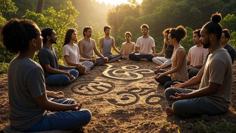 Group meditation with ancient symbols in a forest for symbols meditation.