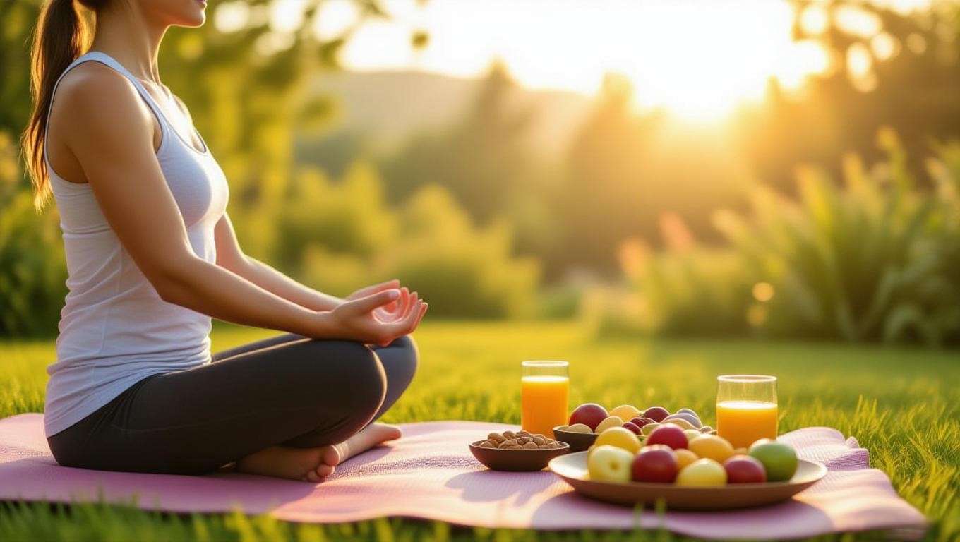 Person meditating in a garden with a healthy breakfast, symbolizing holistic balance of eating and sleeping.