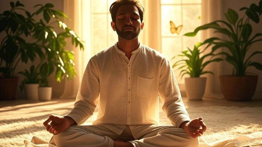 Meditator with glowing light and butterflies, peaceful indoor setting with plants