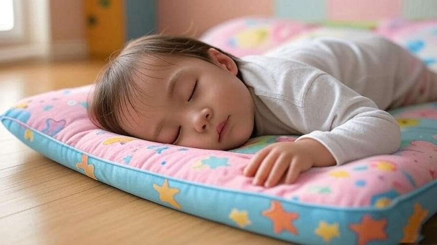 Child napping on a colorful childrens sleeping mat with star and animal patterns in a cozy room.