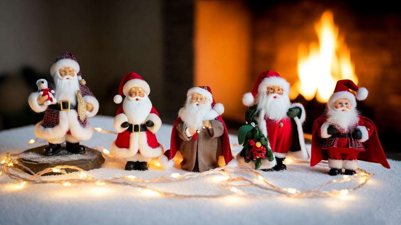 Festive display of Possible Dreams Clothtique Santa figurines with fairy lights for a mindful collection.