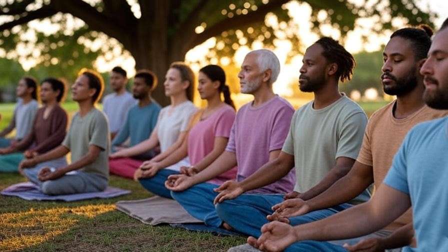 Group meditating in park under tree at sunset, mindful community connection.