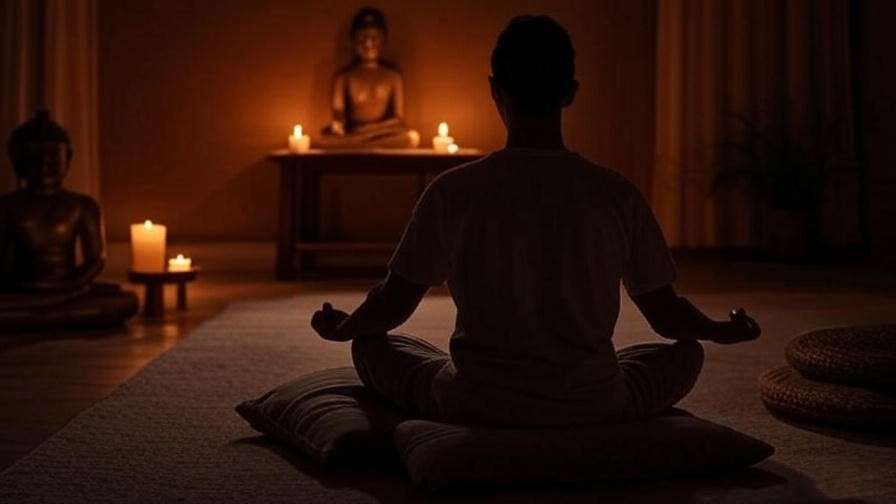 Person meditating with a Buddha statue and candles for stress relief and better sleep to stop tongue biting.