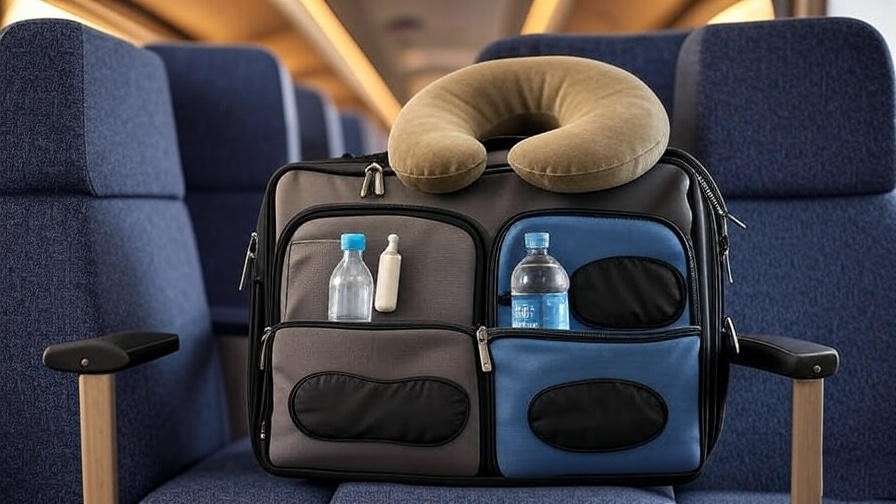 Travel bag with sleep essentials on a train seat for overnight comfort.
