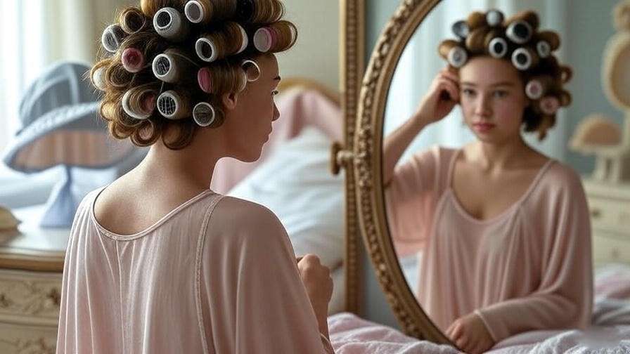 Person securing hair rollers with bobby pins and satin pillowcase in background.