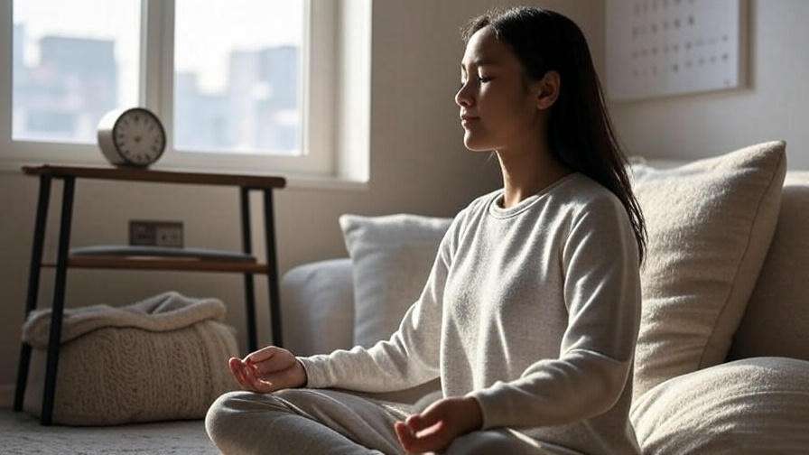 Meditator with calm expression, clock and calendar in background