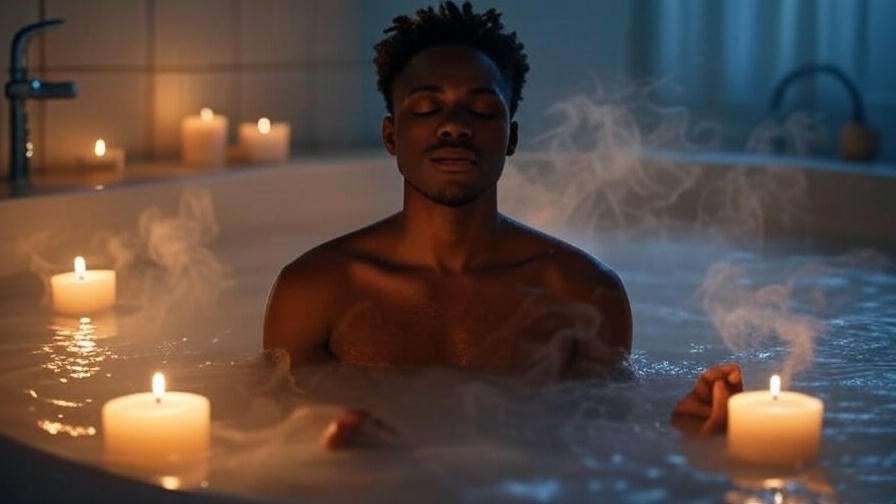 Person meditating in a warm bath with candlelight and steam for evening relaxation.