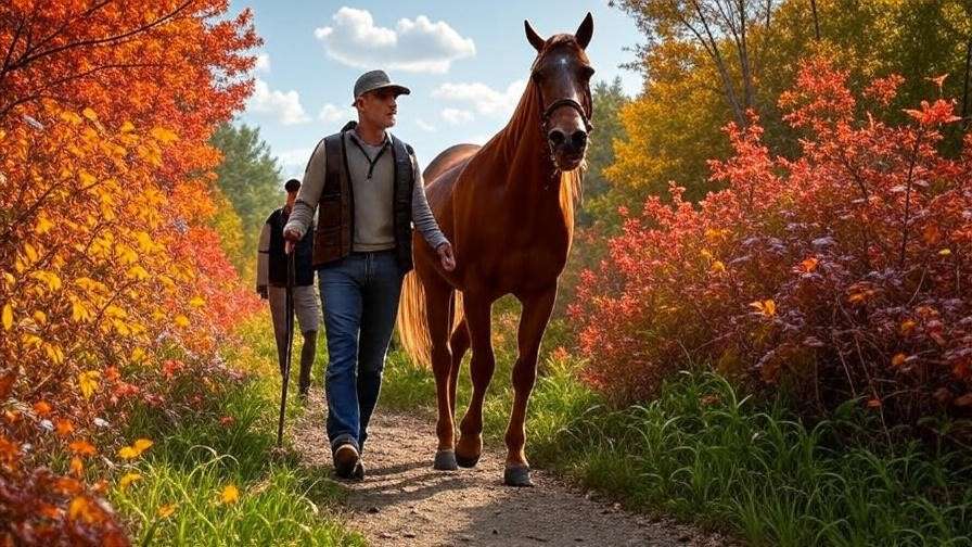 Person walking horse with guide on trail at Gloucester County Dream Park.