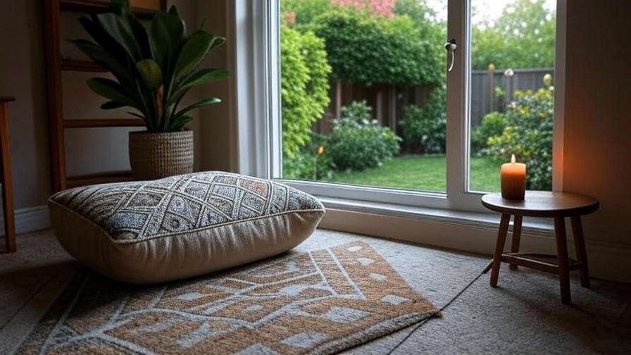 Cozy home meditation corner with cushion and candle near a garden window, ideal for Portland Insight Meditation practice.