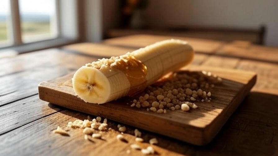 Sliced banana with raw honey and almonds for a sleep-friendly snack.