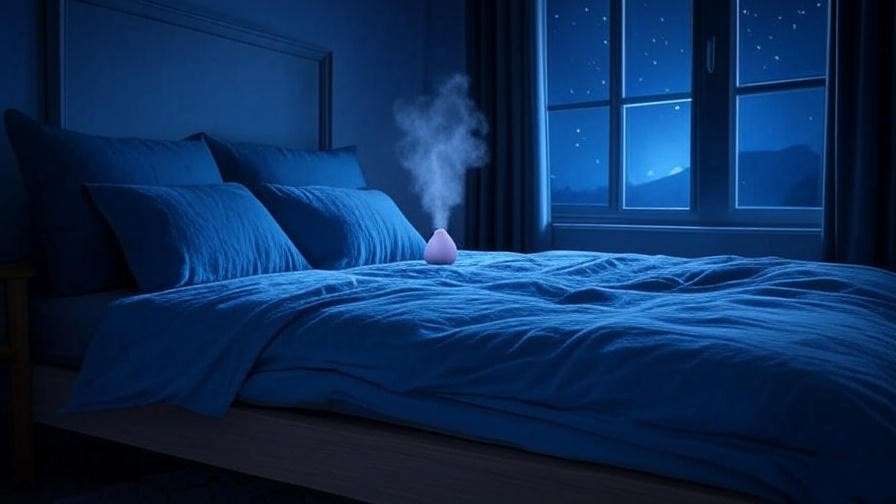 Cozy bedroom with lavender diffuser and blackout curtains for optimal sleep environment.