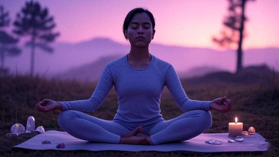 Person doing yoga with purple sunrise, symbolizing holistic well-being and meditation.