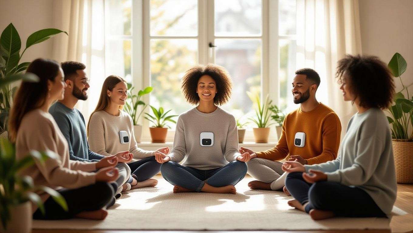Diverse group meditating with Medit i900 devices in a peaceful setting.