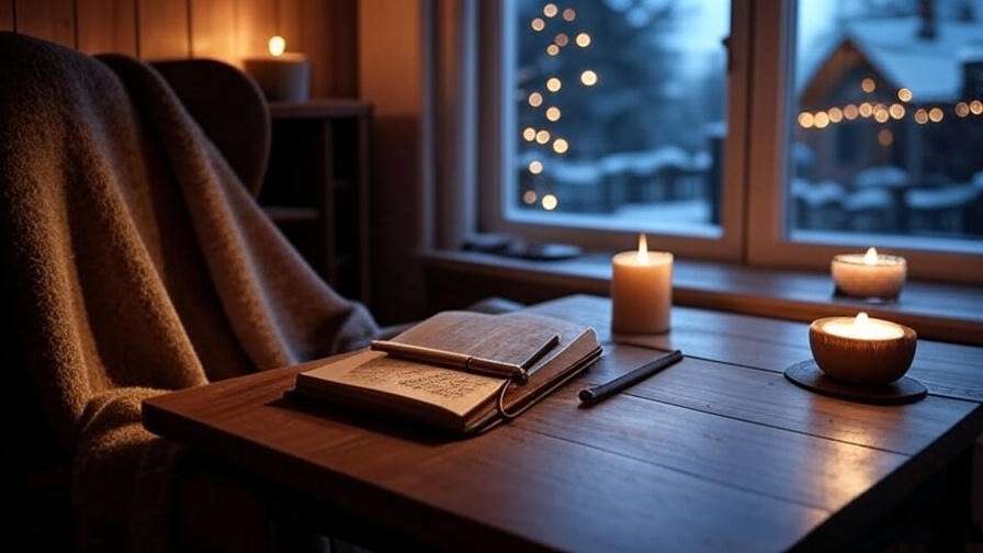 Cozy journaling setup with candlelight and snowy Christmas Eve view for mental clarity.