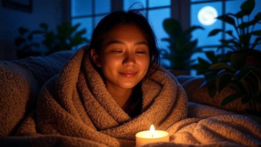 Person journaling by candlelight with full moon view for meditation and reflection.