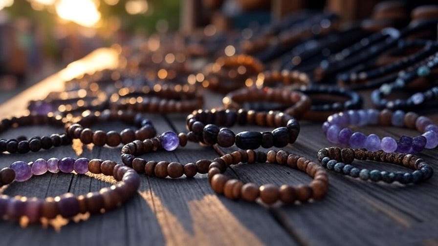 Collection of ethically sourced meditation bracelets with amethyst and sandalwood in an outdoor market.