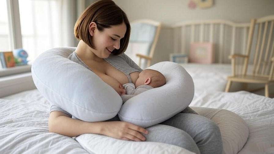 Postpartum woman breastfeeding with a C-shaped pregnancy pillow in a cozy nursery
