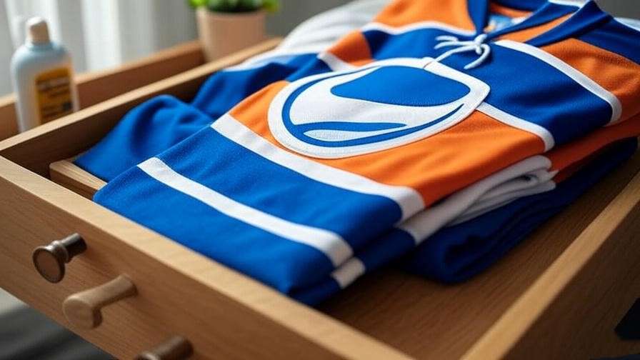 Close-up of Happy Gilmore jersey being folded with eco-friendly detergent, promoting care tips.