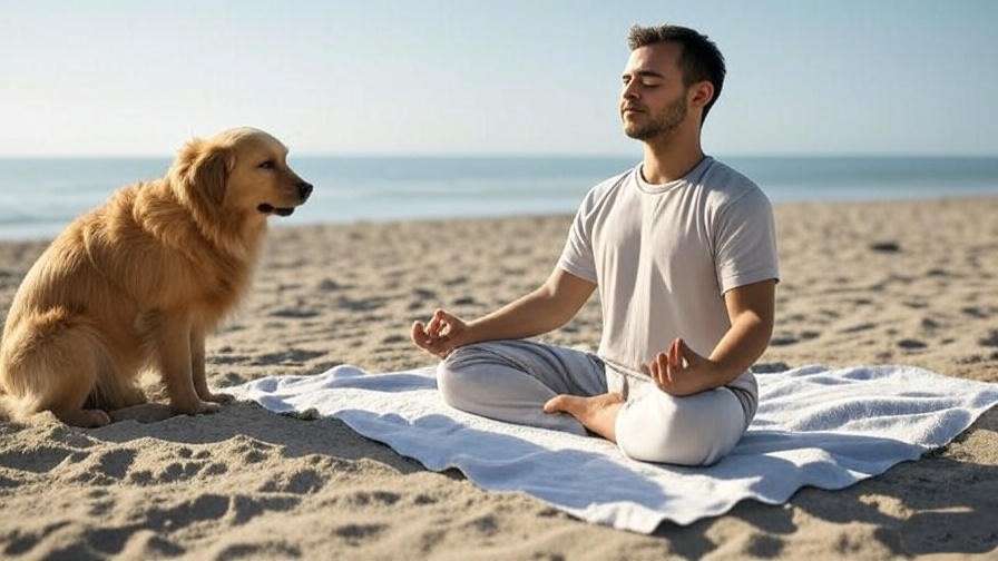 Person meditating with a dog at Rosie’s Dog Beach in Long Beach.
