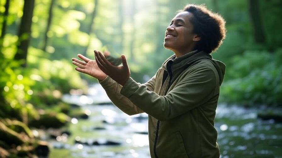Person practicing gratitude in nature with elders meditation of the day for happiness.