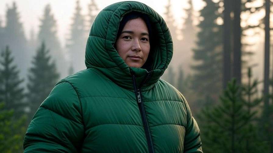 Person wearing a sleeping bag coat in a forest during daytime outdoor activity.