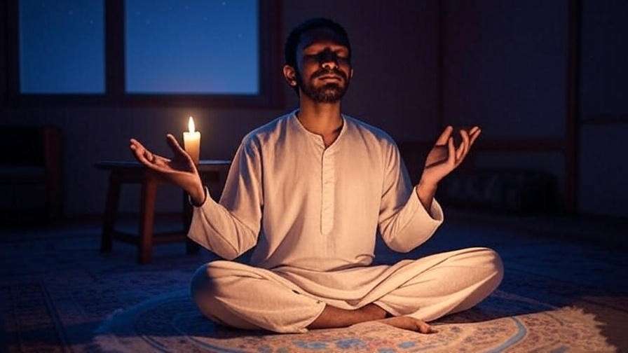 Person in dhikr meditation with a lit candle under a starry sky, enhancing blessed sleep with Allah.