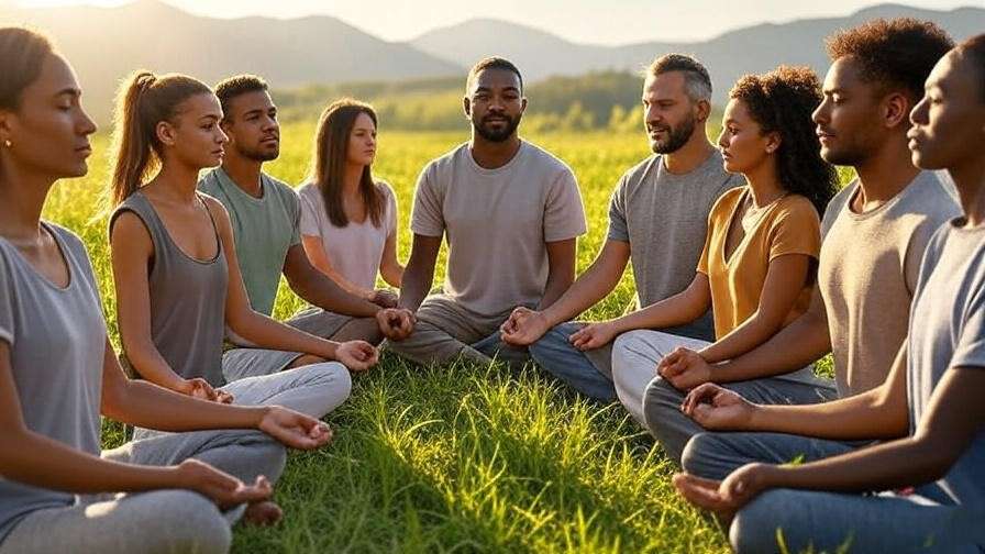 Diverse group meditating in a circle outdoors at golden hour, promoting peace and community.
