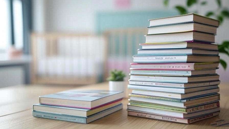 Stack of colorful sleep training books on a wooden table in a modern nursery, highlighting top resources for baby sleep.
