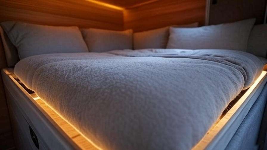 Cozy RV interior with pull-out sleeper sofa bed and storage, warm lighting.
