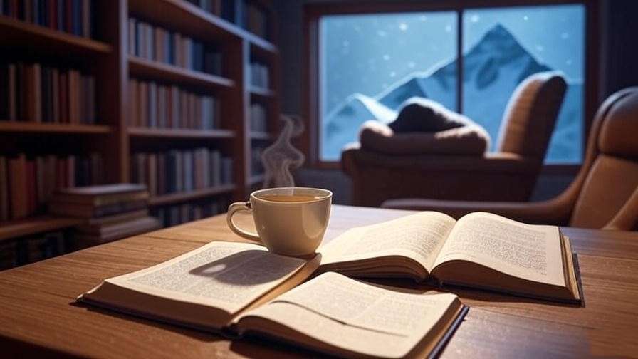 Cozy nook with Sleeping Beauty Everest Face Photo and sleep book for relaxation.