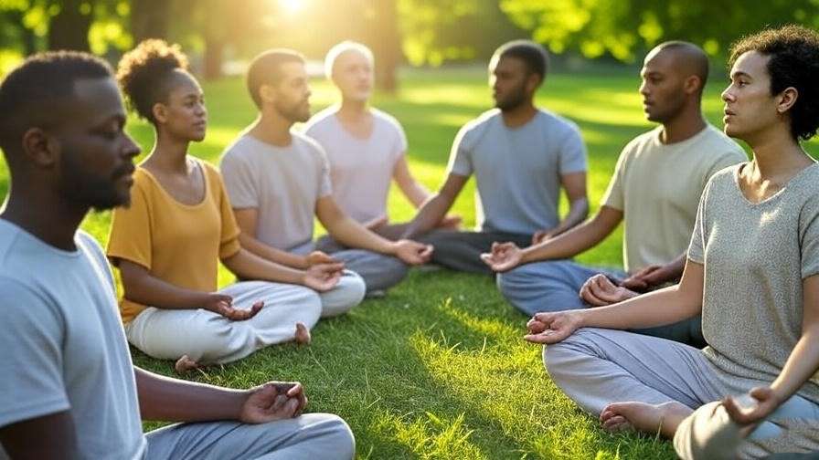 Diverse group meditating in a park circle for emotional support.