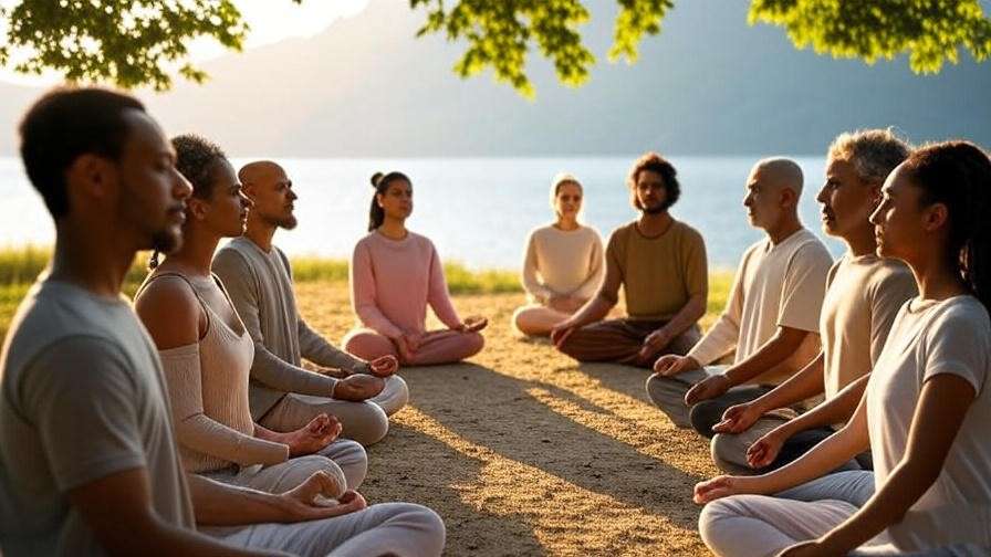 Diverse group meditating outdoors near a lake at sunrise, representing Portland Insight Meditation community.