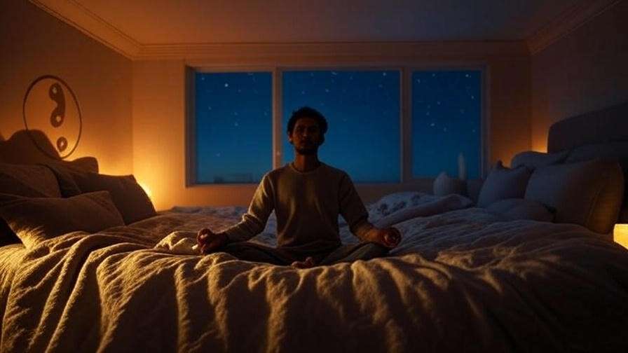 Meditation with yin-yang symbol in a cozy bedroom for better sleep.