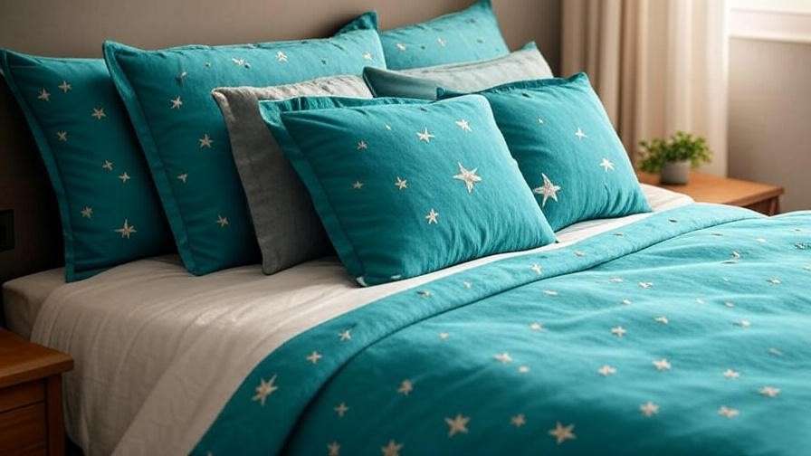 Cozy bedroom with Gloriana’s Dream Collection Stars Turquoise Fabric bedding, neutral walls, and natural light.
