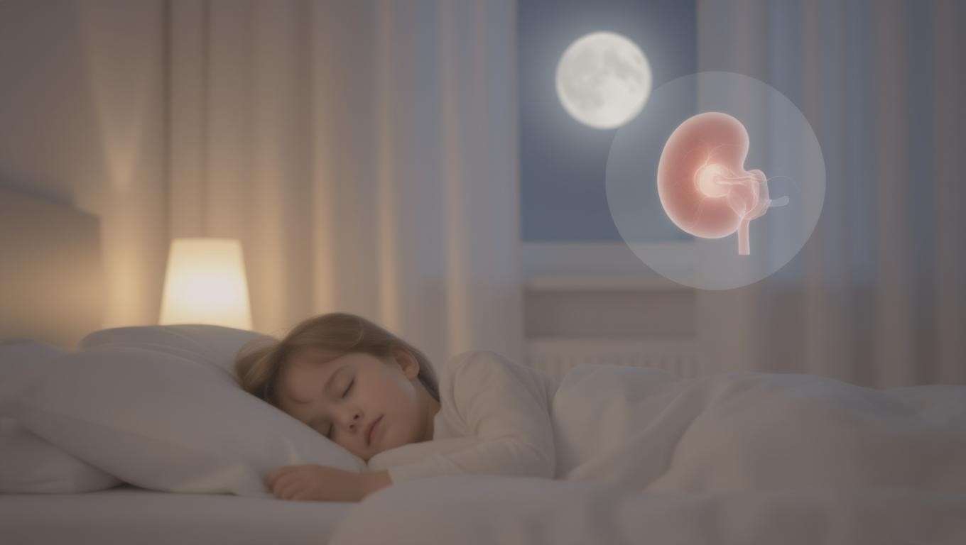 Illustration of sleep apnea causes with a sleeping child in a peaceful bedroom