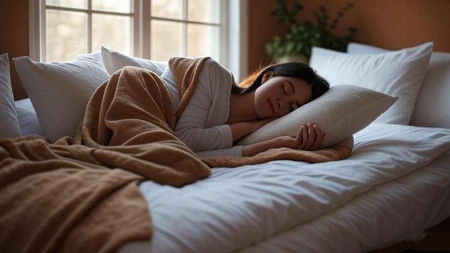 Woman sleeping in fetal position on cozy bed with pillow between knees for menstrual health.