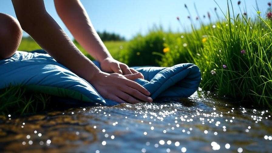 Hand-washing a summer sleeping bag in a stream with green landscape.