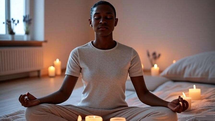 Person meditating with relaxed hands in a calming bedroom to reduce stress and anxiety causing fist clenching in sleep.