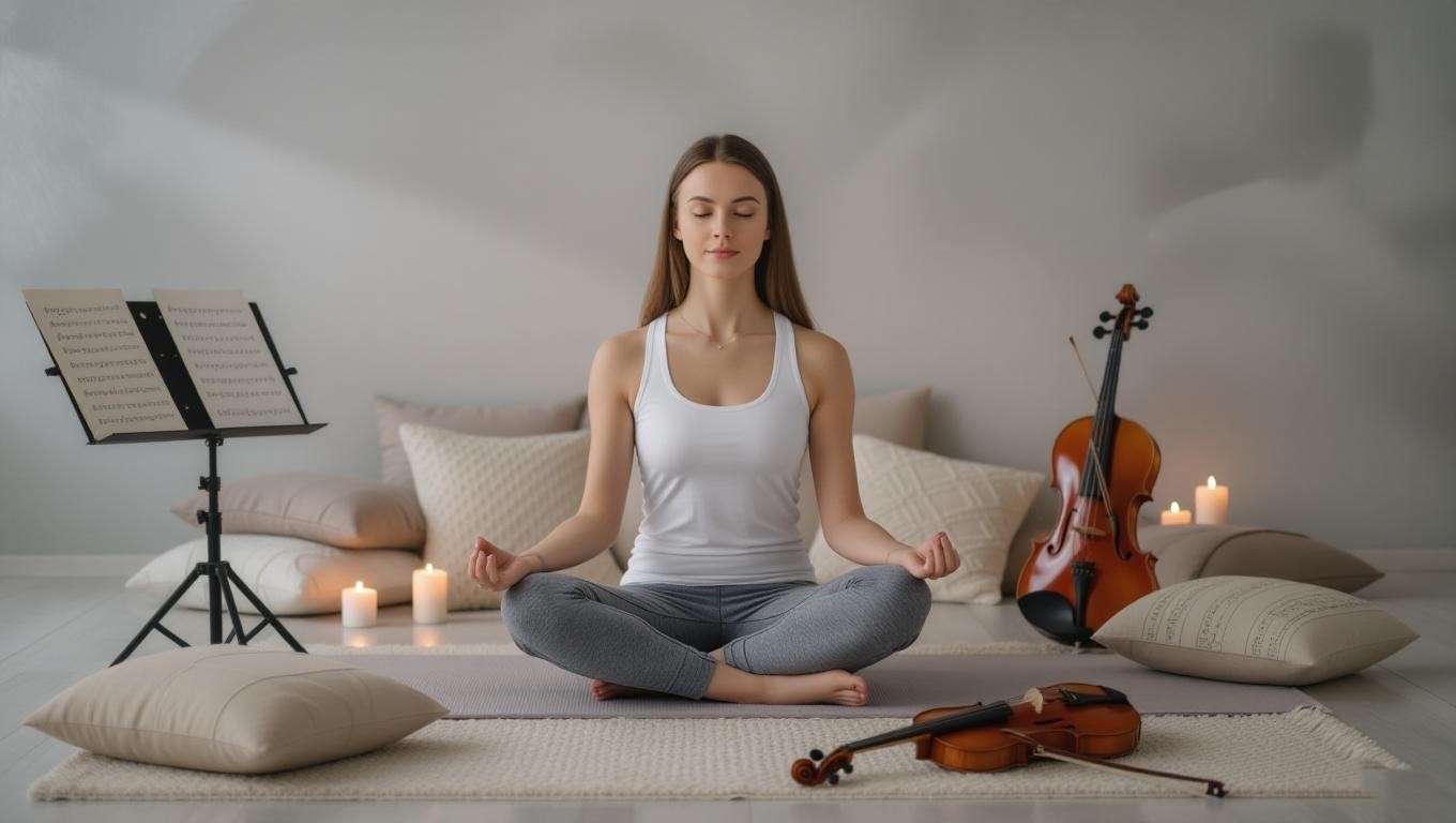 Person meditating with Meditation by Thaïs sheet music and violin in a calm room.